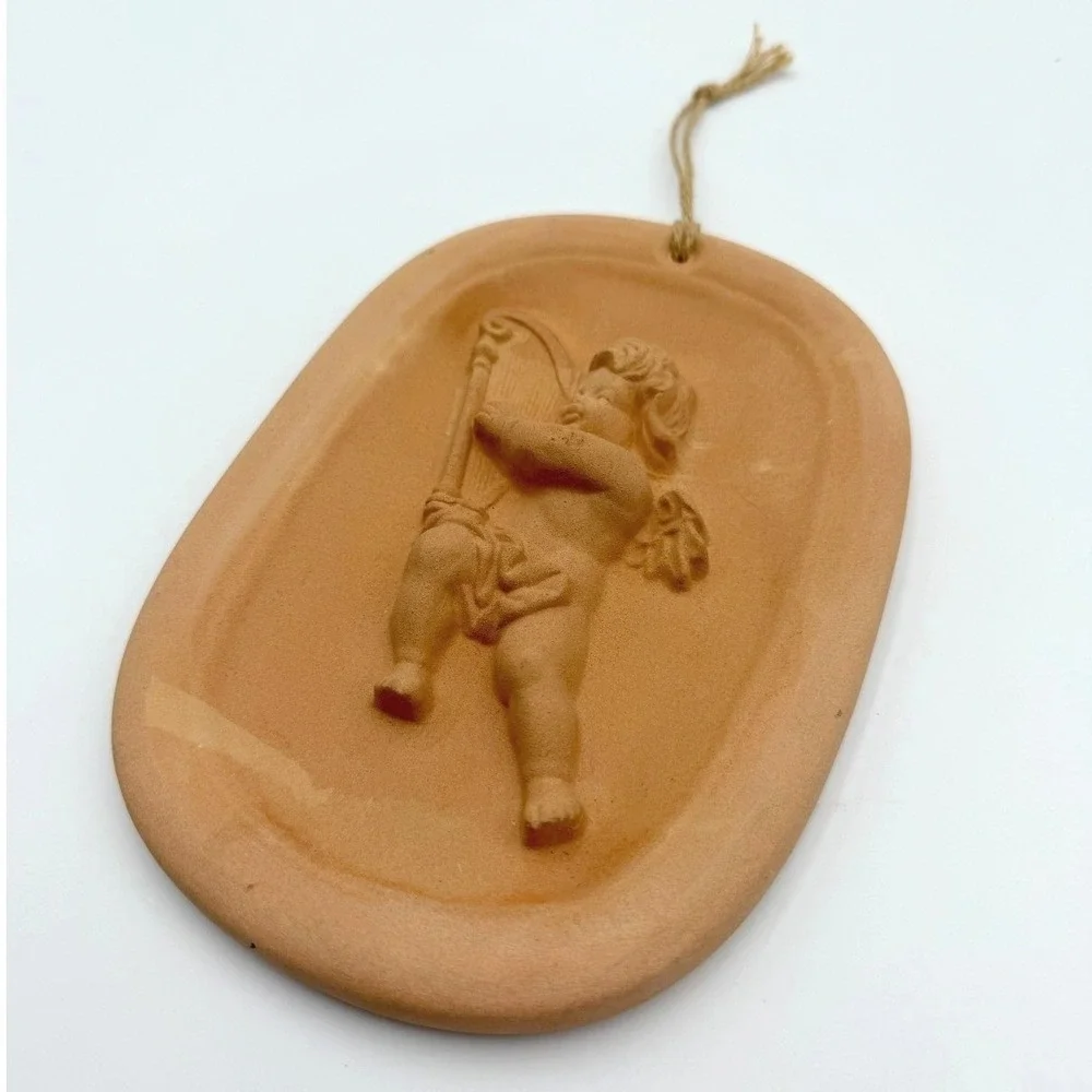 Vintage Terracotta Cherub Wall Plaque Angel Playing Harp Hanging Décor 7x5